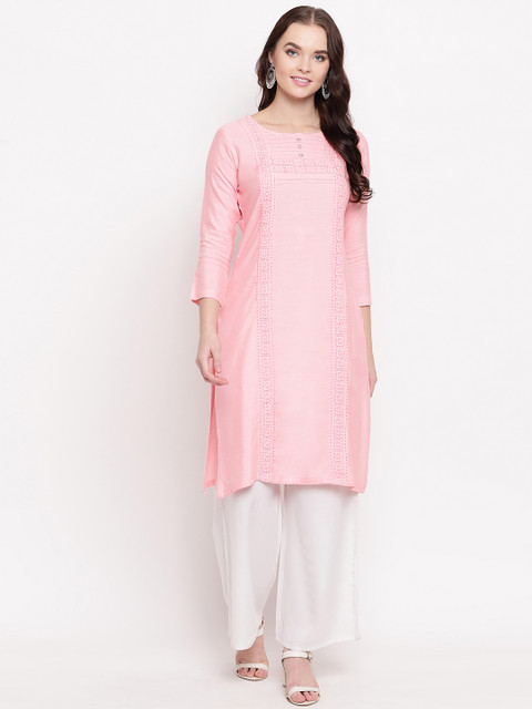 

Kvsfab Women Peach-Coloured Woven Design Straight Kurta