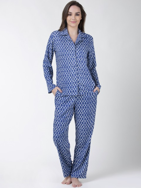 

ADORENITE Women Blue & White Printed Night Suit