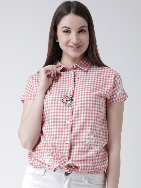 

MsFQ Women Red & White Regular Fit Checked Casual Shirt