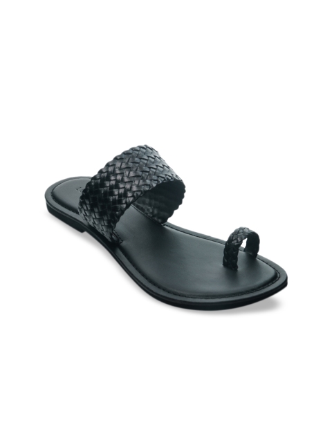 

London Rag Women Black Woven Design Leather Open Toe Flats