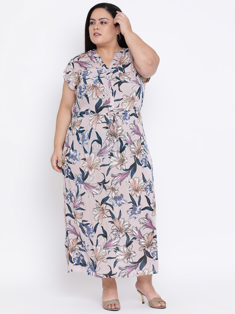 

Oxolloxo Women Printed Peach-Coloured & Navy Blue Maxi Dress