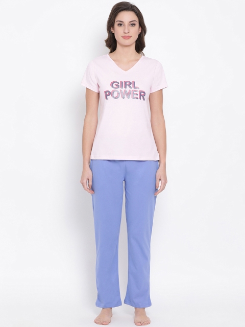 

Clovia Women Pink & Blue Printed Night suit COMLS0061