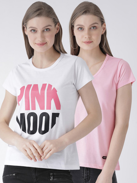 

GRIFFEL Women Pack of Two White & Pink Printed Round Neck T-shirt