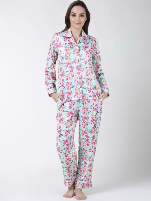 

ADORENITE Women Sea Green & Pink Floral Printed Night suit