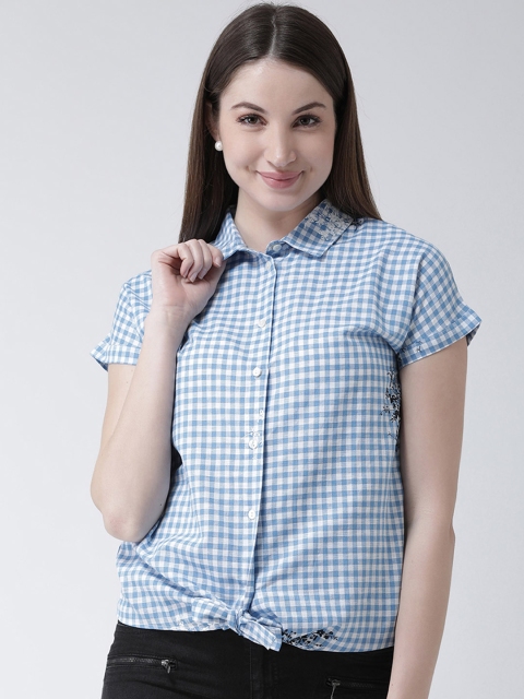 

MsFQ Women Blue & White Regular Fit Checked Casual Shirt