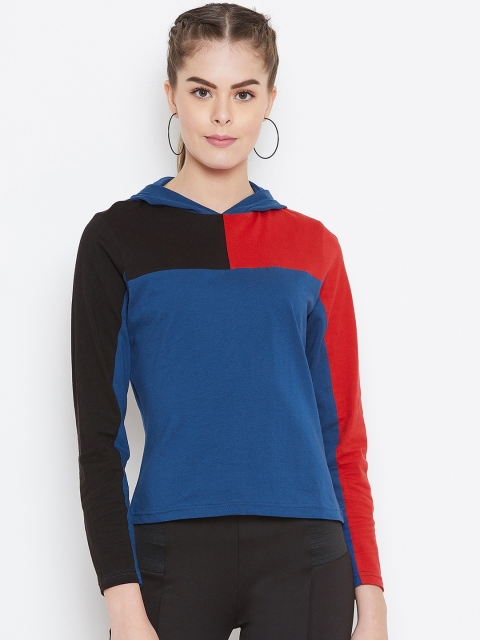 GRITSTONES Women Black Colourblocked Hood T-shirt