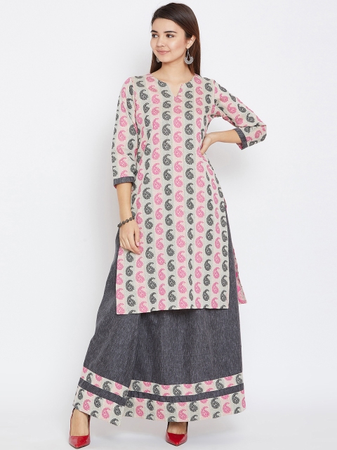 AgrohA Women Pink & Charcoal Grey Printed Kurta with Skirt