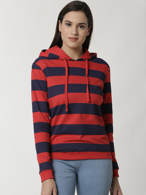 

De Moza Women Red & Navy Blue Striped Hooded Sweatshirt