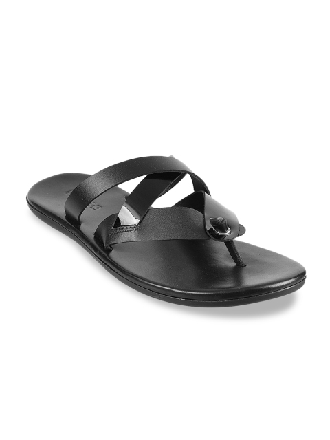 

Mochi Men Black Solid Leather Comfort Sandals