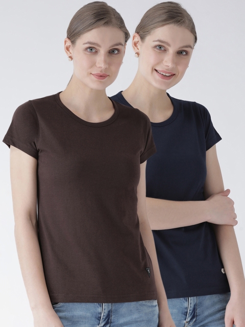 

GRIFFEL Women Pack of Two Coffee Brown & Navy Blue Solid Round Neck T-shirt
