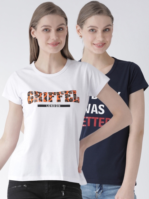 

GRIFFEL Women Pack of Two White & Navy Blue Printed Round Neck T-shirt