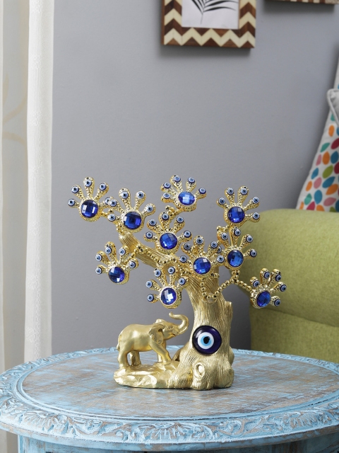 

FOLIYAJ Gold-Toned & Blue Tree Of Life With Evil Eye & Elephant