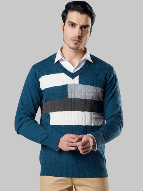

Raymond Men Blue & White Self Design Wool Blend Sweater