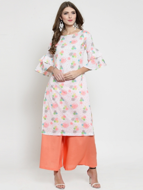

Sera Women White & Peach-Coloured Printed Kurta with Palazzos