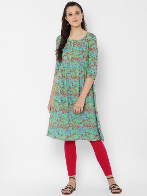 

People Women Turquoise Blue & Maroon Printed A-Line Kurta