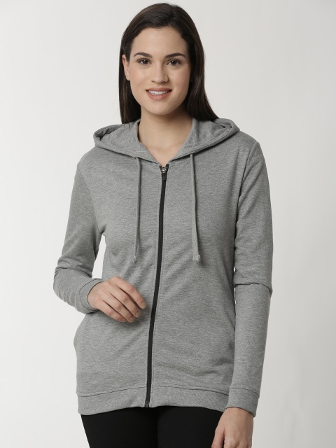 

De Moza Women Grey Melange Solid Hooded Sweatshirt