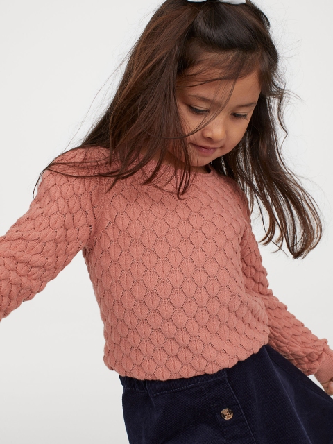 

H&M Girls Pink Solid Textured-Knit Cotton Jumper