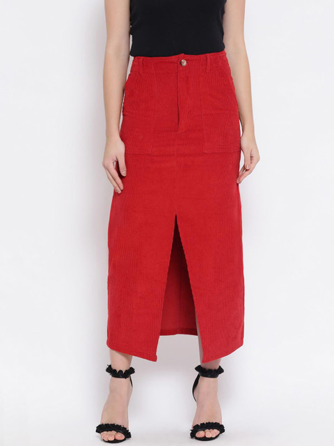 

Oxolloxo Women Red Solid High-Rise Corduroy A-Line Skirt