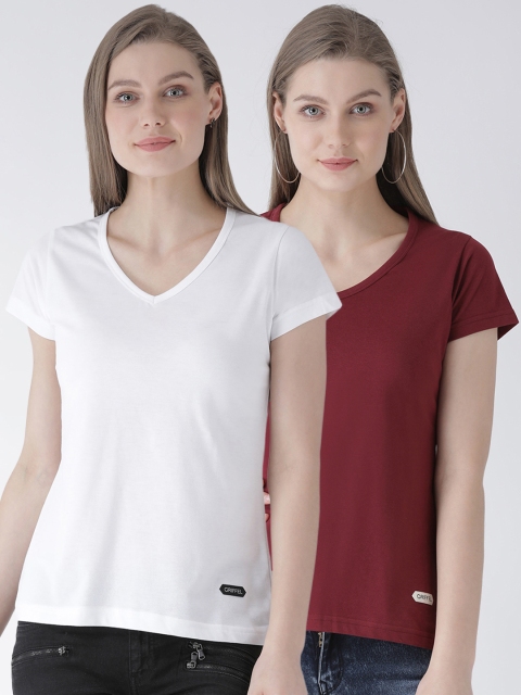 

GRIFFEL Women Pack of Two White & Maroon Solid V-Neck T-shirt