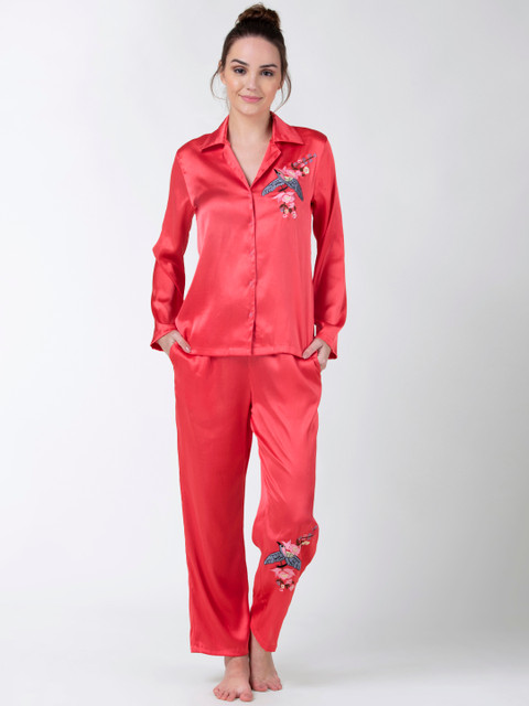 

ADORENITE Women Coral Pink Solid Satin Night Suit with Bird Embroidery Detail