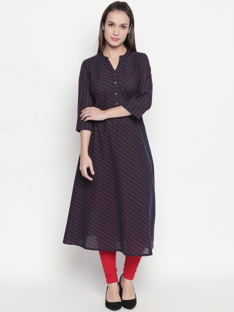 

RANGMANCH BY PANTALOONS Women Navy Blue & Red Striped A-Line Kurta