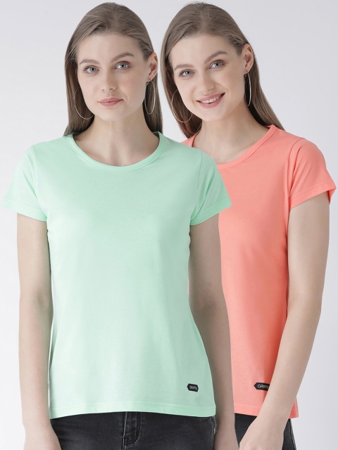 

GRIFFEL Women Pack of Two Green & Peach-Coloured Solid Round Neck T-shirt