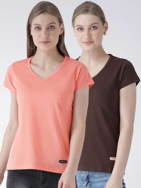 

GRIFFEL Women Pack of Two Coffee Brown & Peach Solid V-Neck T-shirt