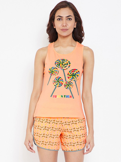 

Clovia Women Orange Printed Night Suit LS0462P16 LS0462P16