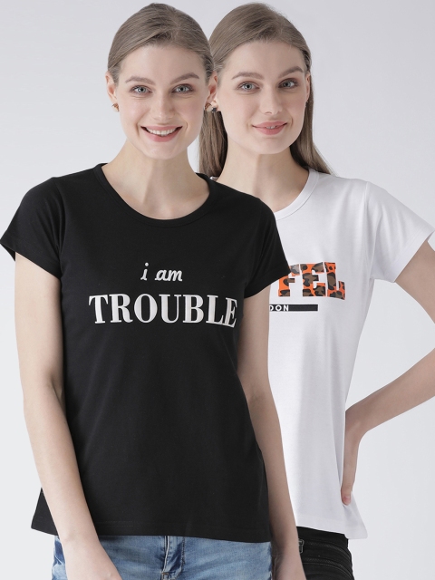 GRIFFEL Women Pack of Two Black & White Printed Round Neck T-shirt