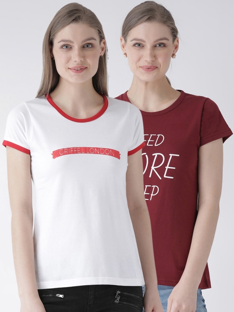 

GRIFFEL Women Pack of Two White & Maroon Printed Round Neck T-shirt