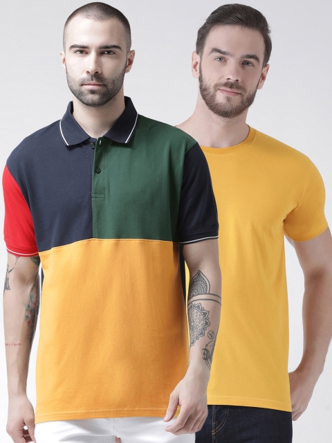 GRIFFEL Men Pack Of 2 Mustard Yellow & Navy Blue Colourblocked Polo Collar T-shirt