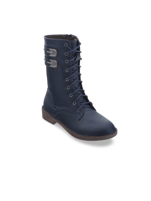 

SHUZ TOUCH Women Navy Blue Solid Buckle Detailed Heeled Boots