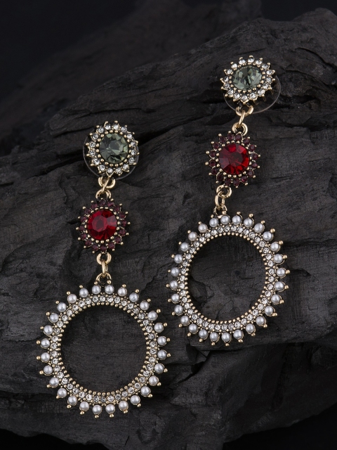 

E2O Silver-Toned & Maroon Circular Drop Earrings