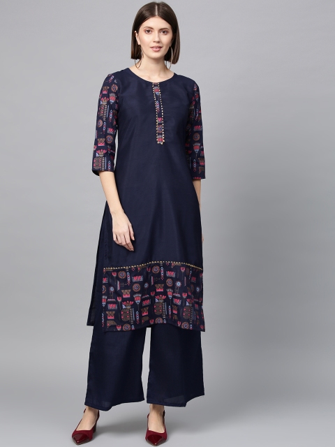 

ZIYAA Women Navy Blue Foil Printed Straight Kurta