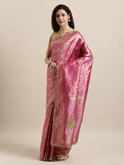 

Mitera Pink & Gold-Coloured Poly Silk Embroidered Banarasi Saree