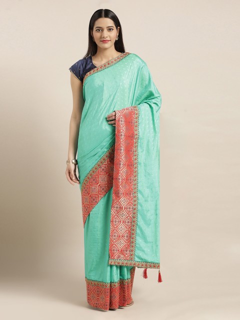 

Mitera Turquoise Blue & Red Solid Poly Silk Saree