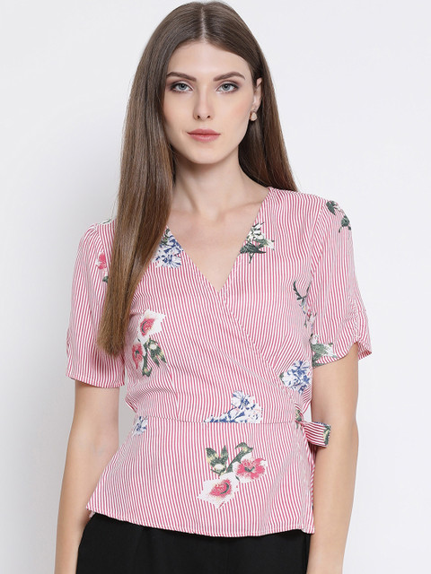 

Oxolloxo Women Pink & White Printed Wrap Top