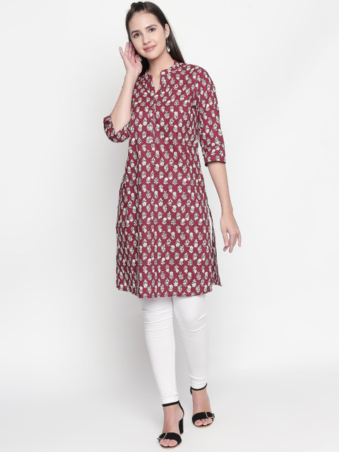 

RANGMANCH BY PANTALOONS Women Maroon & White Floral Print Straight Kurta