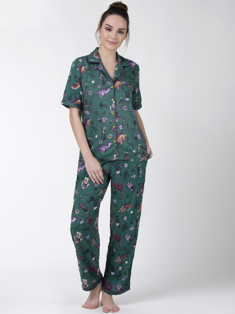 

ADORENITE Women Green & Purple Space Printed Night Suit