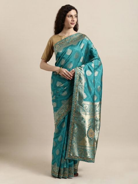 

Mitera Teal & Blue Poly Silk Woven Design Banarasi Saree