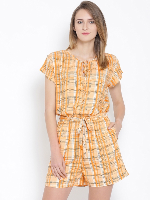 

SQew Women Orange & White Checked Playsuit