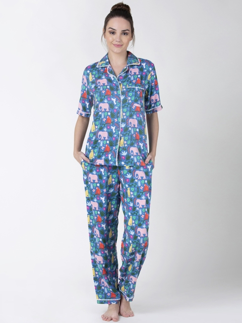 

ADORENITE Women Blue & White Printed Night suit