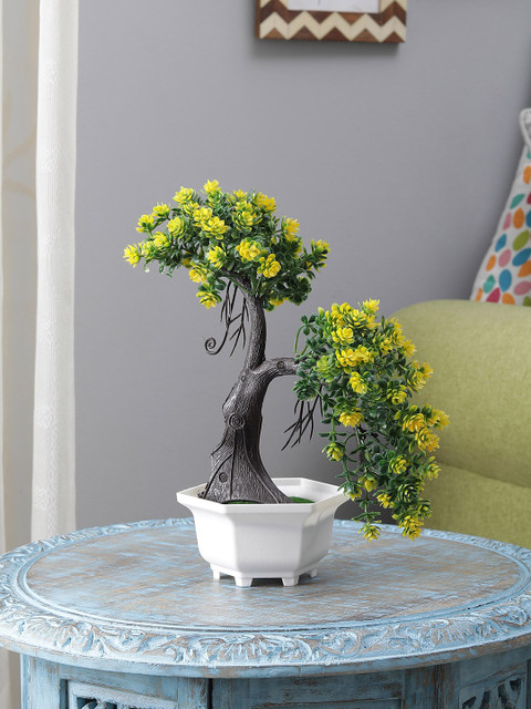 

FOLIYAJ Green & Yellow Artificial Shoe Horn Shaped Bonsai Tree With White Pot