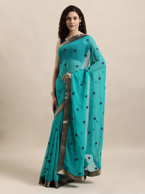 

Mitera Turquoise Blue & Navy Blue Poly Chiffon Embroidered Saree