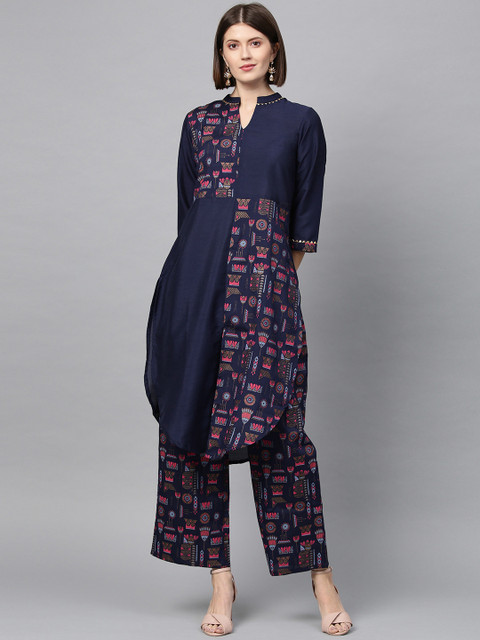 

ZIYAA Women Navy Blue Foil Printed Straight Kurta