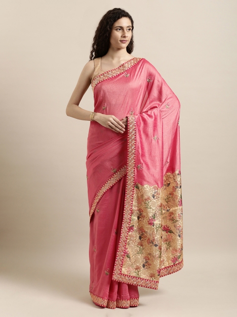 

Mitera Pink & Beige Poly Silk Embroidered Saree
