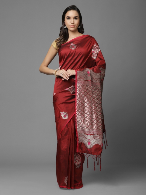 

Mitera Maroon & Silver-Toned Silk Blend Woven Design Banarasi Saree