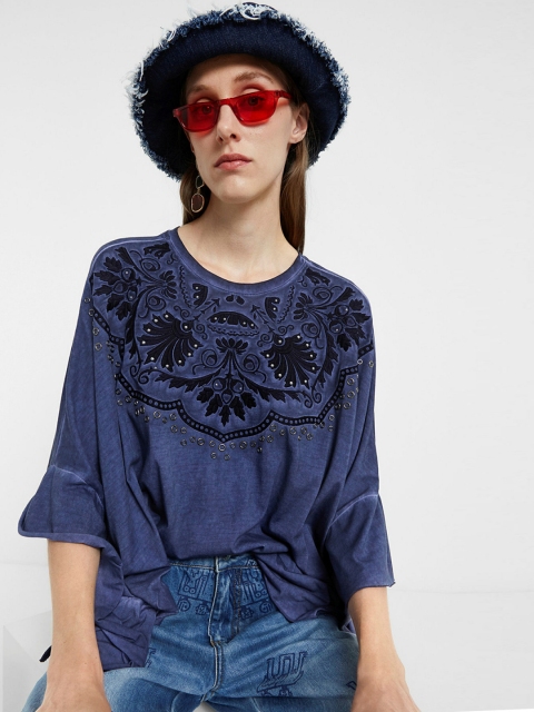 

Desigual Women Navy Blue Embroidered Kaftan Top