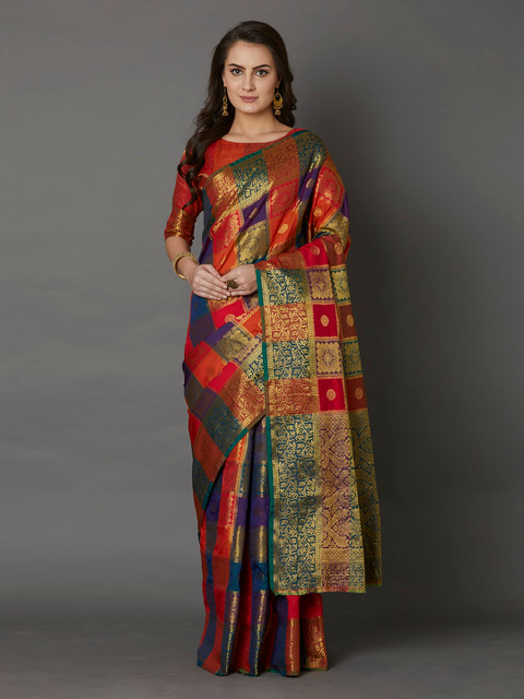 

Mitera Multicoloured Silk Blend Woven Design Banarasi Saree, Multi