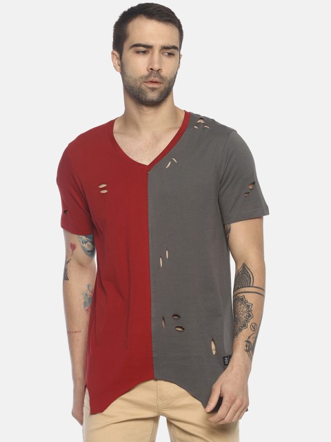 

KULTPRIT Men Maroon Colourblocked V-Neck Slim Fit T-shirt